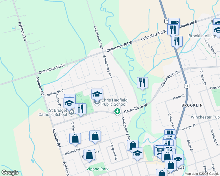 map of restaurants, bars, coffee shops, grocery stores, and more near 21 Strandmore Circle in Whitby