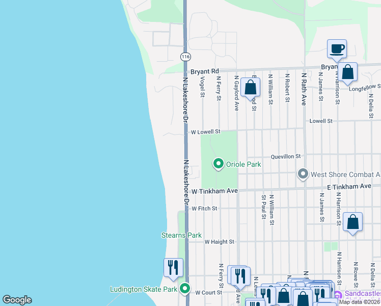 map of restaurants, bars, coffee shops, grocery stores, and more near 618 North Lakeshore Drive in Ludington