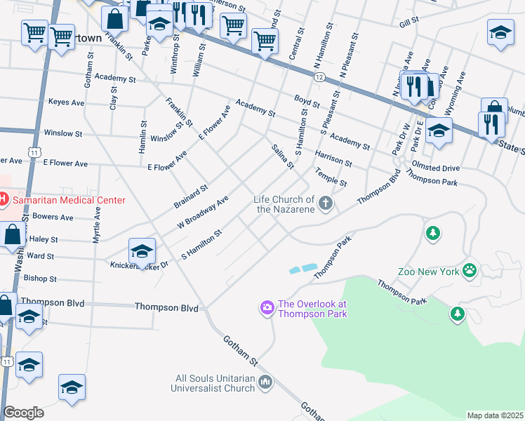 map of restaurants, bars, coffee shops, grocery stores, and more near 1012 Franklin Street in Watertown