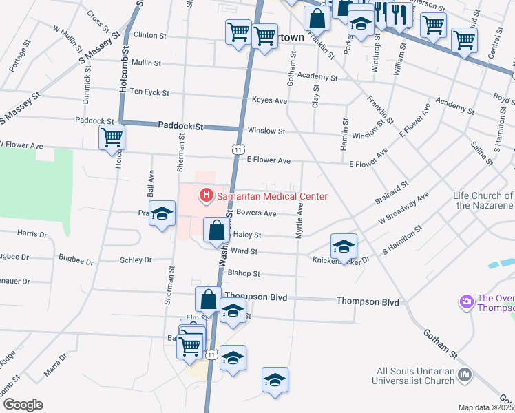 map of restaurants, bars, coffee shops, grocery stores, and more near 145 Bowers Avenue in Watertown