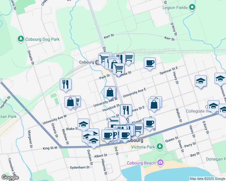 map of restaurants, bars, coffee shops, grocery stores, and more near in Cobourg