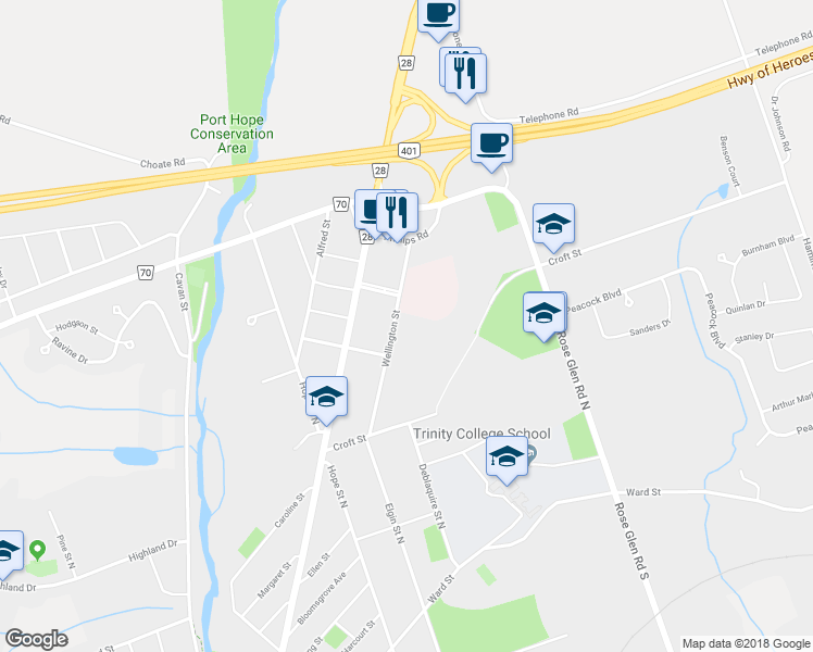 map of restaurants, bars, coffee shops, grocery stores, and more near 51 Wellington Street in Port Hope