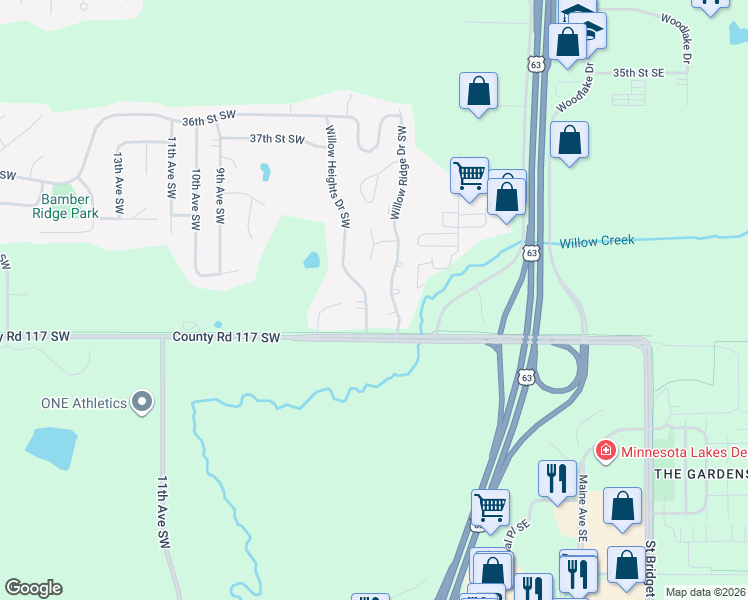 map of restaurants, bars, coffee shops, grocery stores, and more near 3900 Willow Heights Drive Southwest in Rochester