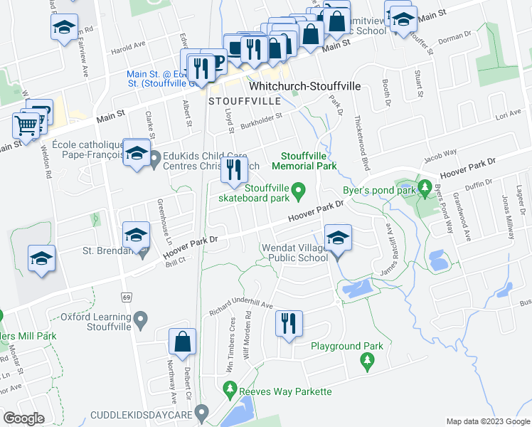 map of restaurants, bars, coffee shops, grocery stores, and more near 17 Cabin Trail Crescent in Whitchurch-Stouffville