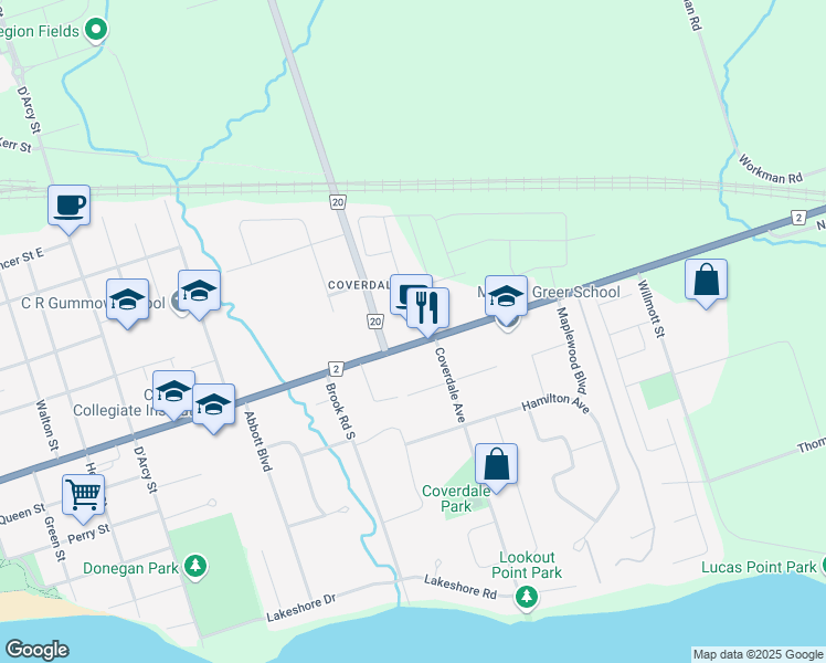 map of restaurants, bars, coffee shops, grocery stores, and more near 432 King Street East in Cobourg