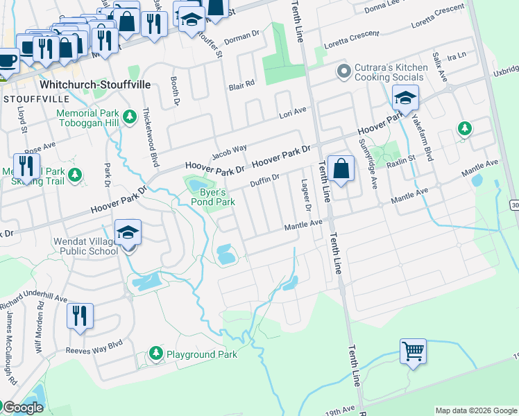 map of restaurants, bars, coffee shops, grocery stores, and more near 29 Butterwood Lane in Whitchurch-Stouffville