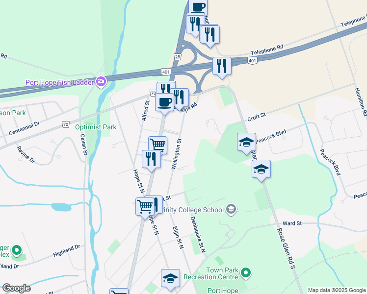 map of restaurants, bars, coffee shops, grocery stores, and more near 51 Wellington Street in Port Hope