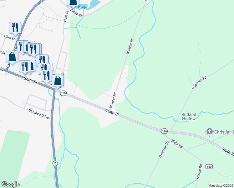 map of restaurants, bars, coffee shops, grocery stores, and more near 20590 Weaver Road in Watertown