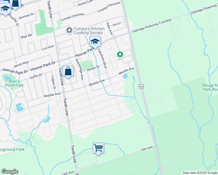 map of restaurants, bars, coffee shops, grocery stores, and more near 90 Maplebank Crescent in Whitchurch-Stouffville