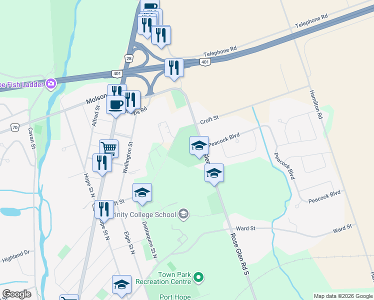map of restaurants, bars, coffee shops, grocery stores, and more near 300 Croft Street in Port Hope