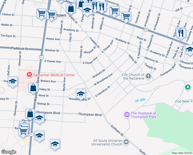 map of restaurants, bars, coffee shops, grocery stores, and more near 344 Brainard Street in Watertown