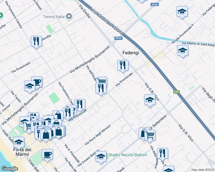 map of restaurants, bars, coffee shops, grocery stores, and more near 71A Via Provinciale in Forte dei Marmi