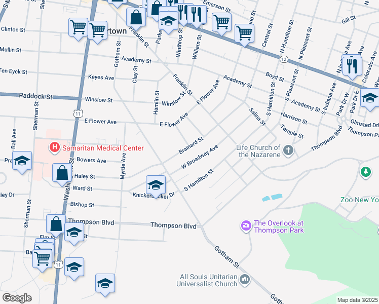 map of restaurants, bars, coffee shops, grocery stores, and more near 344 Brainard Street in Watertown