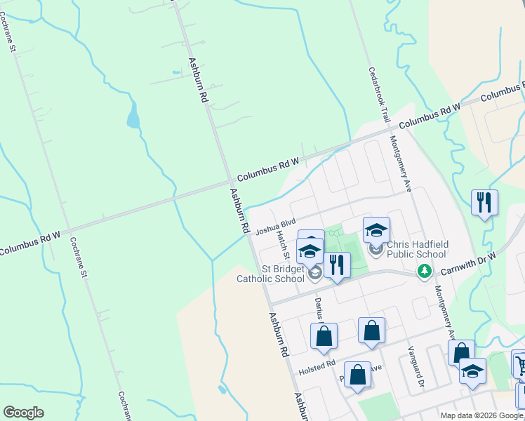 map of restaurants, bars, coffee shops, grocery stores, and more near 12 Fabrizio Court in Whitby