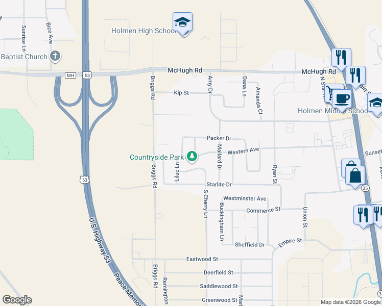 map of restaurants, bars, coffee shops, grocery stores, and more near 1003 Western Avenue in Holmen