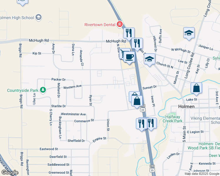 map of restaurants, bars, coffee shops, grocery stores, and more near 642 Western Avenue in Holmen