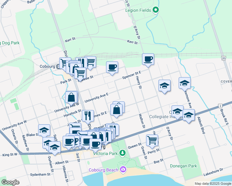 map of restaurants, bars, coffee shops, grocery stores, and more near 137 University Avenue East in Cobourg