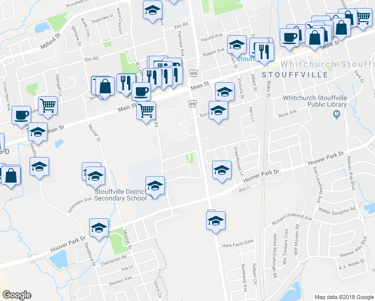 map of restaurants, bars, coffee shops, grocery stores, and more near 53 Dougherty Crescent in Whitchurch-Stouffville