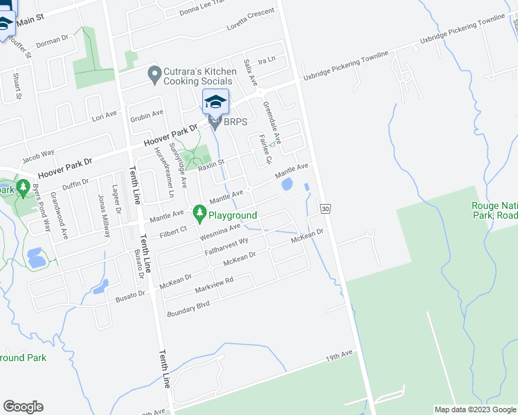 map of restaurants, bars, coffee shops, grocery stores, and more near 2 Greenbury Court in Whitchurch-Stouffville