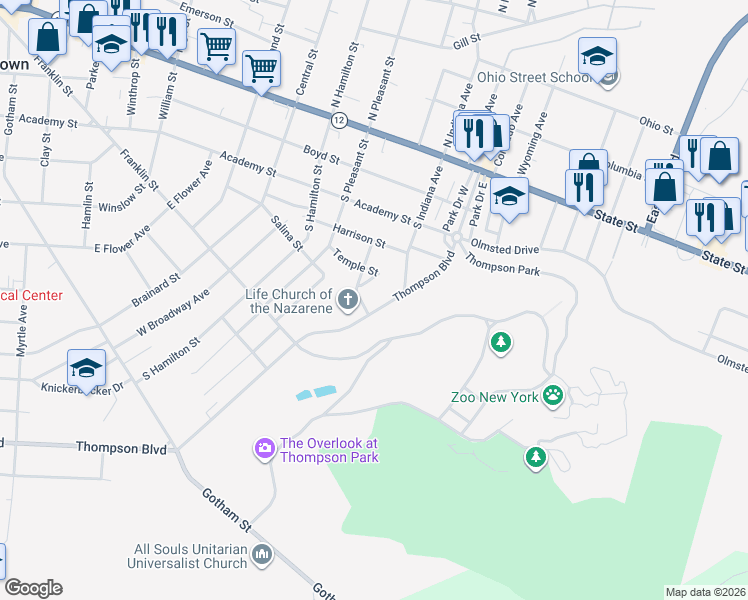 map of restaurants, bars, coffee shops, grocery stores, and more near 557 Thompson Boulevard in Watertown
