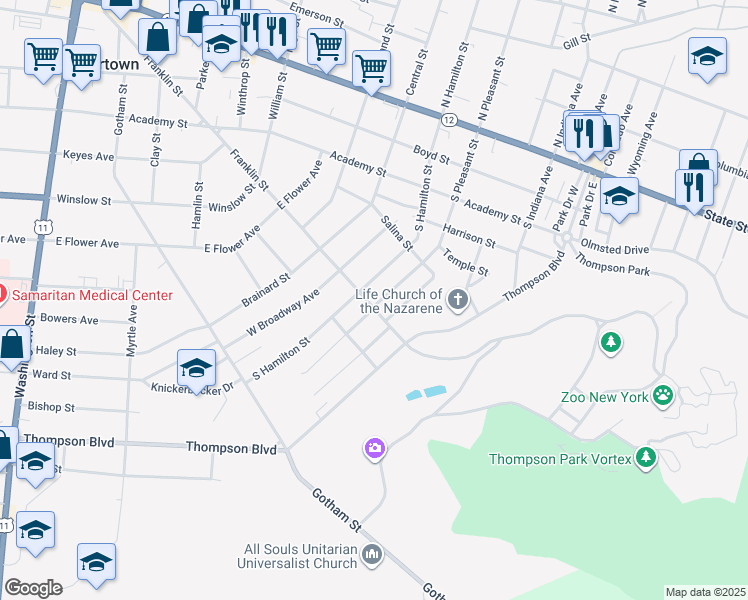 map of restaurants, bars, coffee shops, grocery stores, and more near 1013 Franklin Street in Watertown