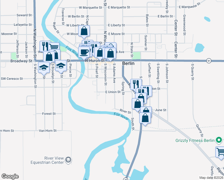 map of restaurants, bars, coffee shops, grocery stores, and more near 132 East Union Street in Berlin