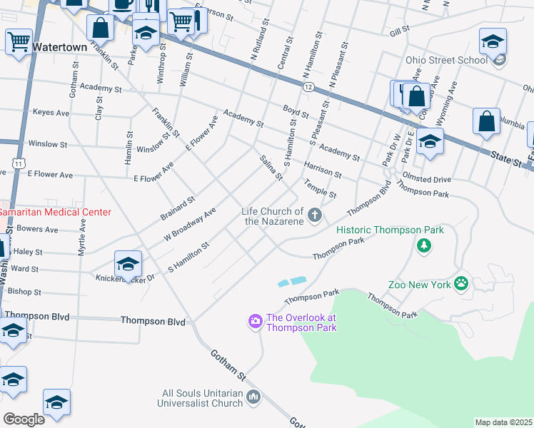 map of restaurants, bars, coffee shops, grocery stores, and more near 443 South Pleasant Street in Watertown