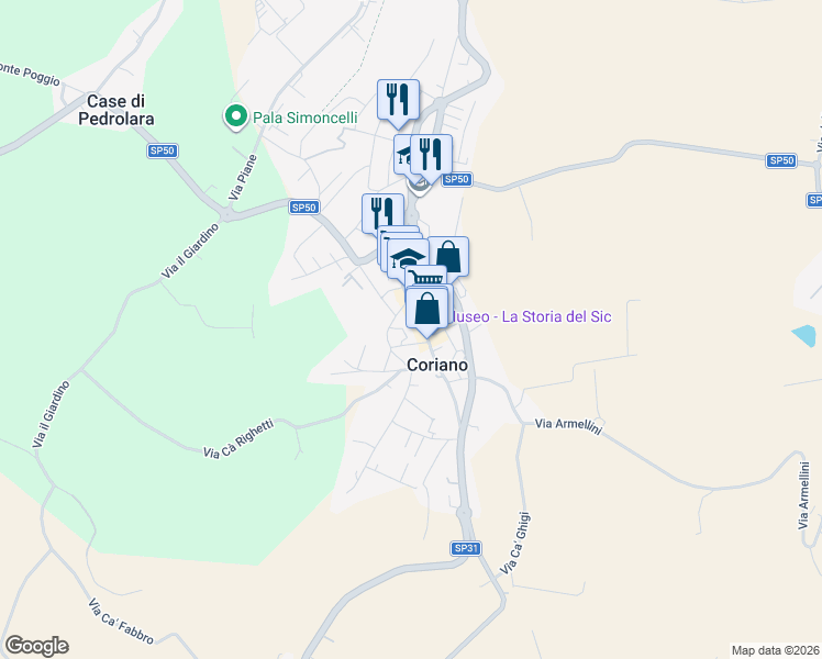 map of restaurants, bars, coffee shops, grocery stores, and more near 17 Via Libero Pedrelli in Coriano
