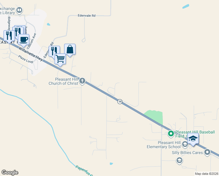 map of restaurants, bars, coffee shops, grocery stores, and more near 36189-36197 Willamette Highway in Pleasant Hill
