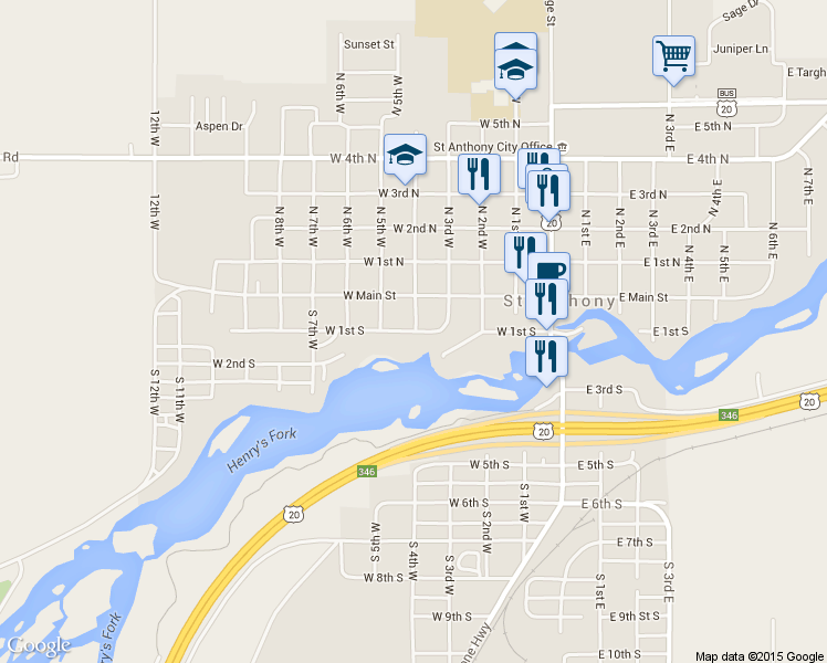 map of restaurants, bars, coffee shops, grocery stores, and more near 406 West 1st South in St. Anthony