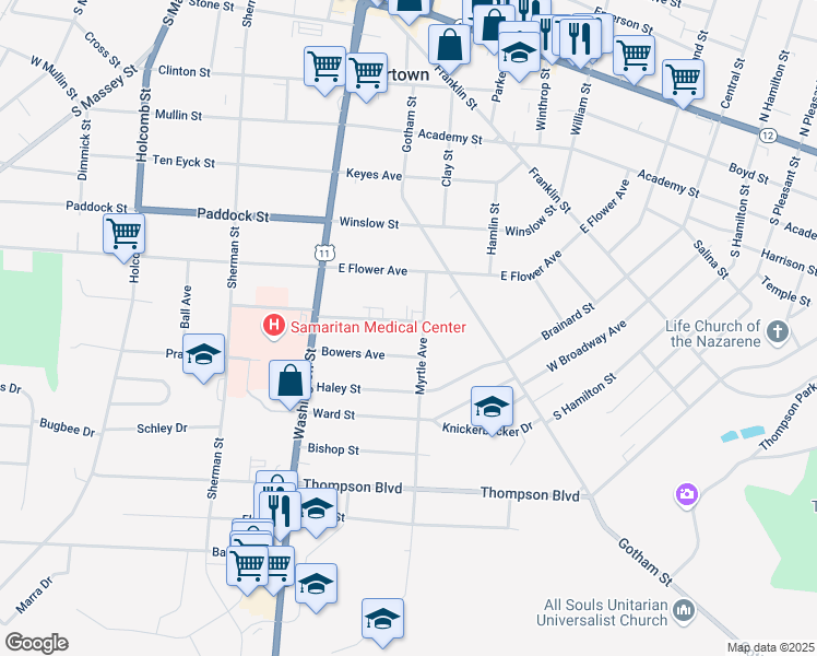 map of restaurants, bars, coffee shops, grocery stores, and more near 176 Park Avenue in Watertown