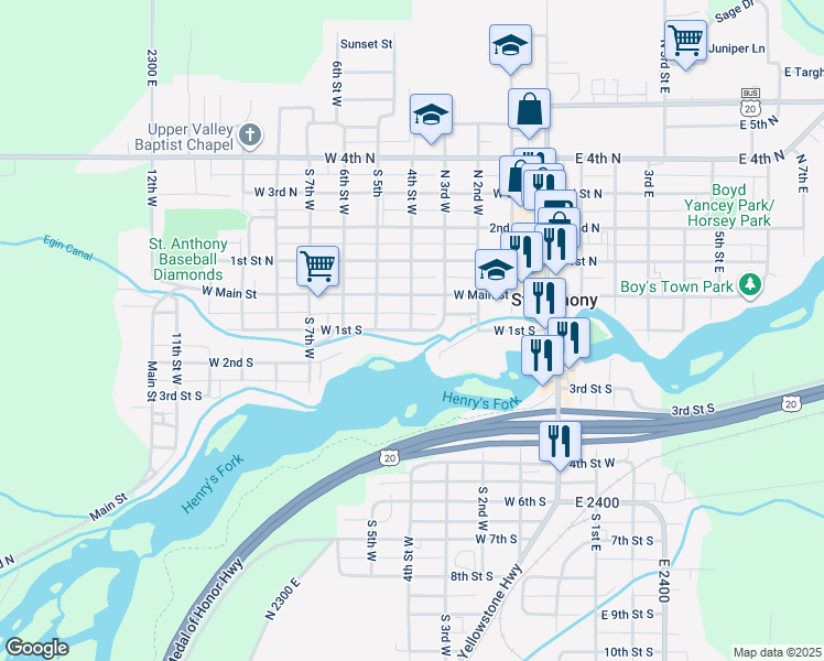 map of restaurants, bars, coffee shops, grocery stores, and more near 398 West 1st South in Saint Anthony