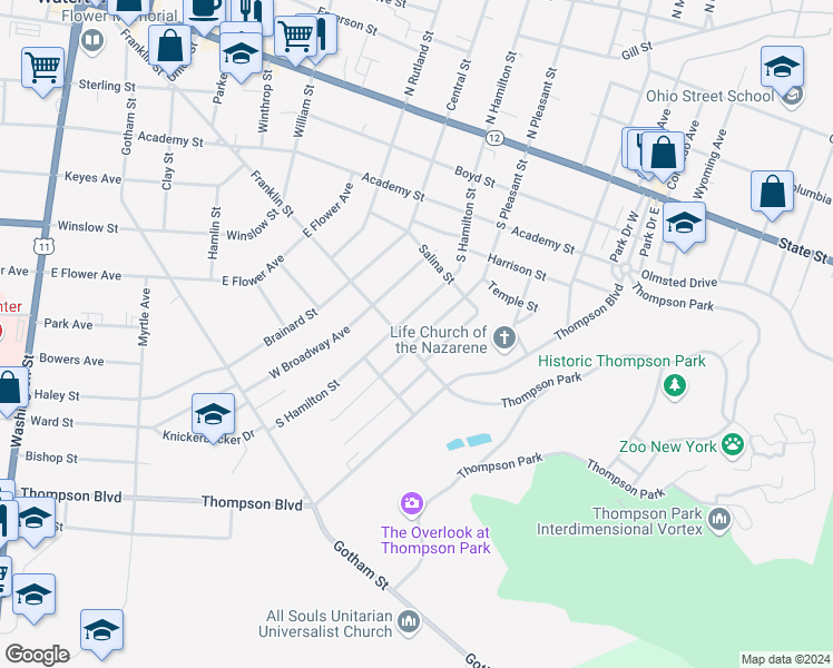 map of restaurants, bars, coffee shops, grocery stores, and more near 448 South Pleasant Street in Watertown
