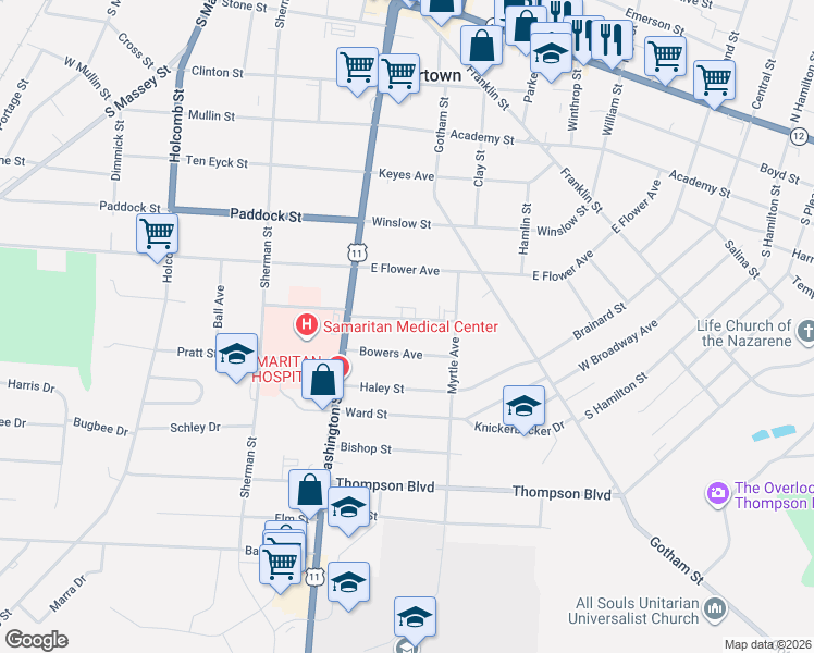 map of restaurants, bars, coffee shops, grocery stores, and more near 148 Park Avenue in Watertown