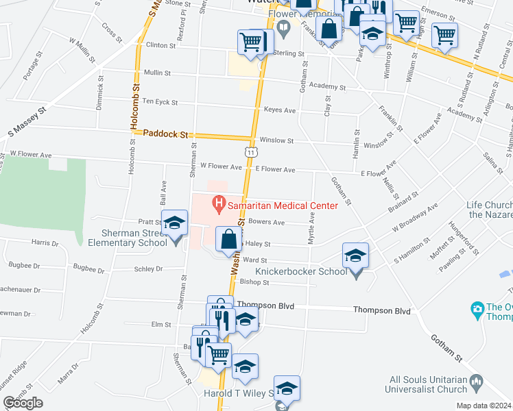 map of restaurants, bars, coffee shops, grocery stores, and more near 114 Park Avenue in Watertown