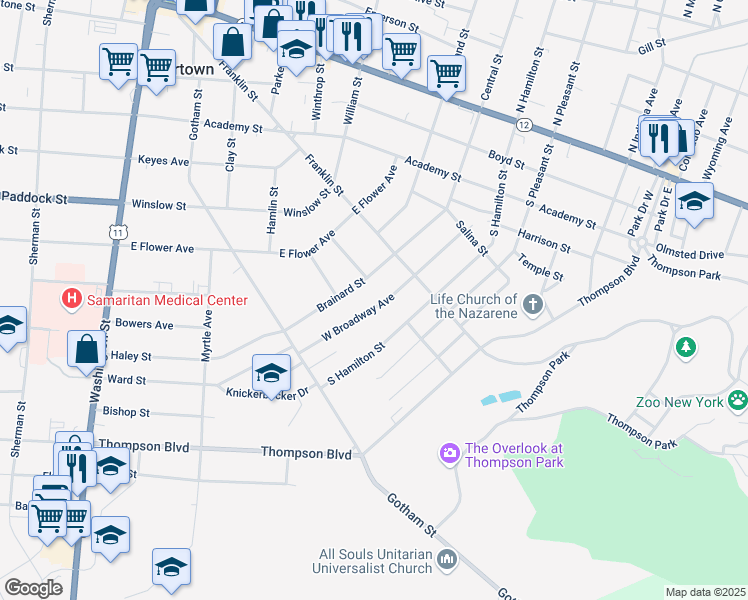 map of restaurants, bars, coffee shops, grocery stores, and more near 383 West Broadway Avenue in Watertown