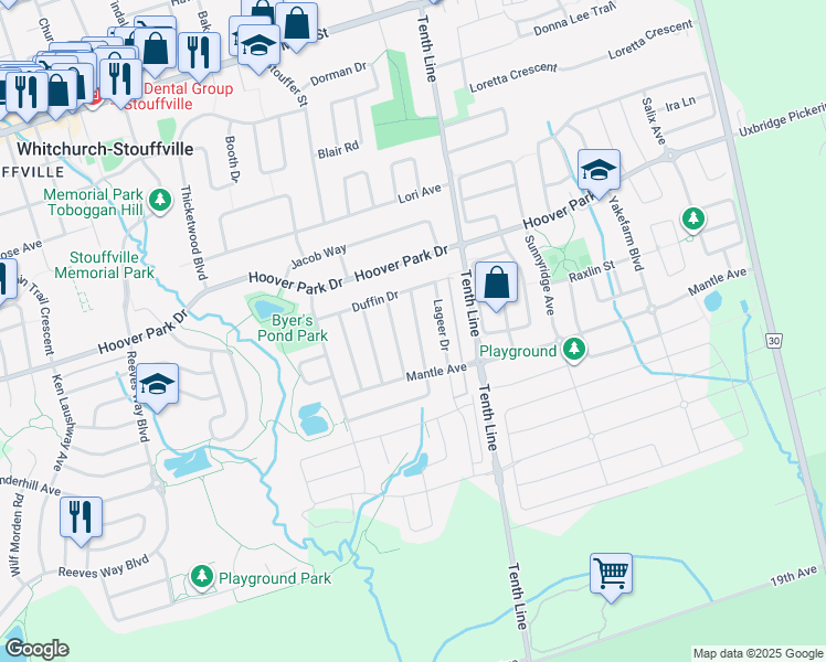 map of restaurants, bars, coffee shops, grocery stores, and more near 165 Jonas Millway in Whitchurch-Stouffville