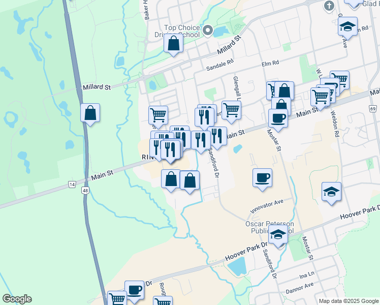 map of restaurants, bars, coffee shops, grocery stores, and more near 5531 Main Street in Whitchurch-Stouffville