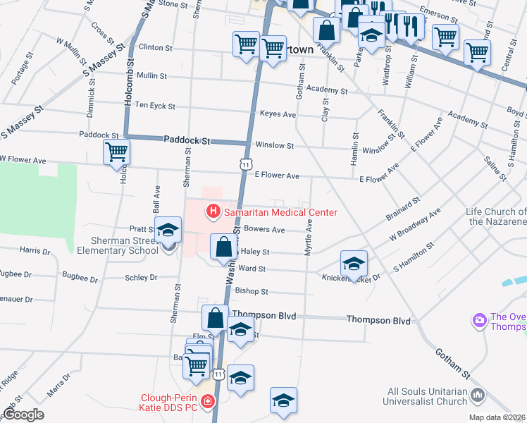 map of restaurants, bars, coffee shops, grocery stores, and more near 145 Bowers Avenue in Watertown
