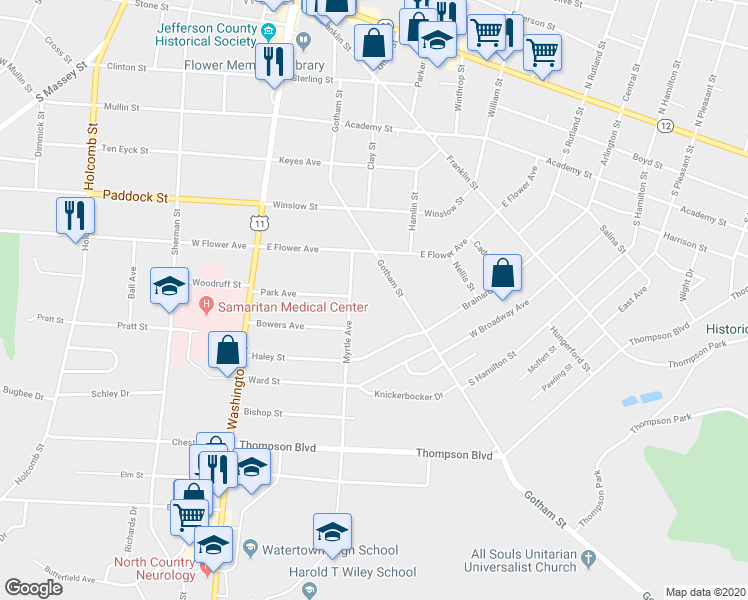 map of restaurants, bars, coffee shops, grocery stores, and more near 736 Gotham Street in Watertown