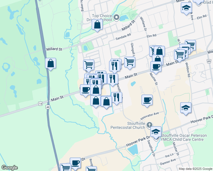 map of restaurants, bars, coffee shops, grocery stores, and more near 5531 Main St in Whitchurch-Stouffville