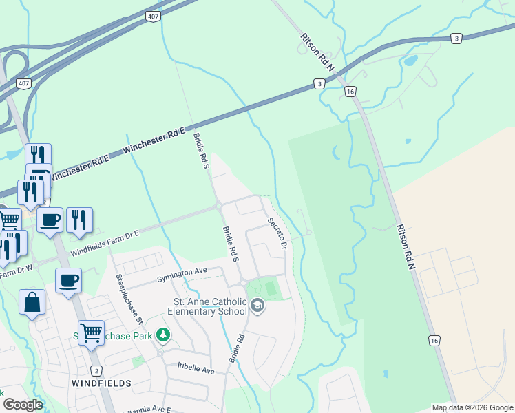 map of restaurants, bars, coffee shops, grocery stores, and more near 2541 Winter Words Drive in Oshawa