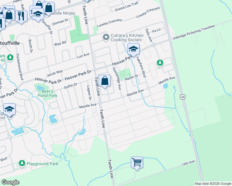 map of restaurants, bars, coffee shops, grocery stores, and more near 95 Horsedreamer Lane in Whitchurch-Stouffville