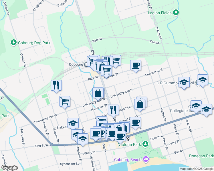 map of restaurants, bars, coffee shops, grocery stores, and more near in Cobourg