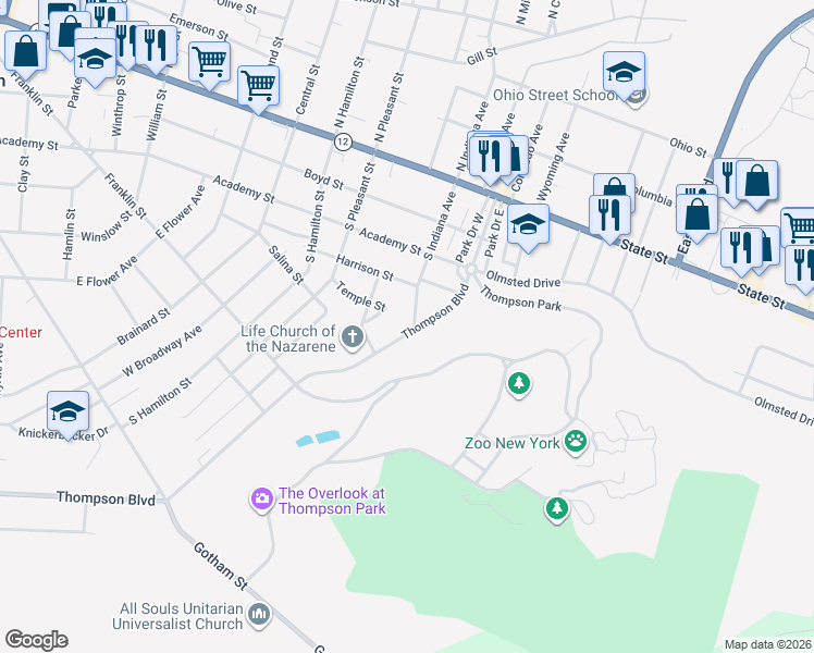 map of restaurants, bars, coffee shops, grocery stores, and more near 557 Thompson Boulevard in Watertown