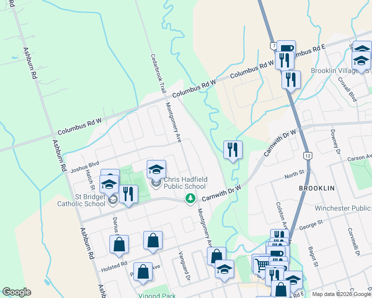 map of restaurants, bars, coffee shops, grocery stores, and more near 21 Strandmore Circle in Whitby