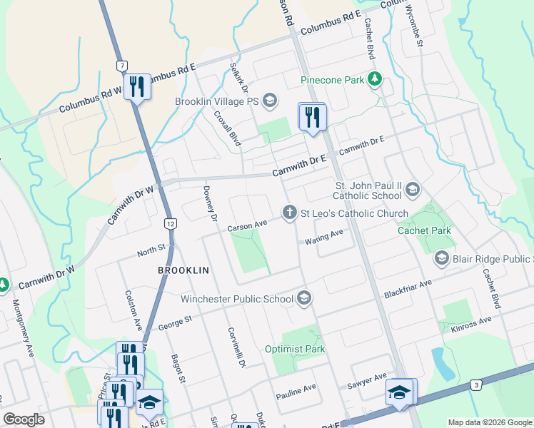 map of restaurants, bars, coffee shops, grocery stores, and more near 4 Sturgess Crescent in Whitby