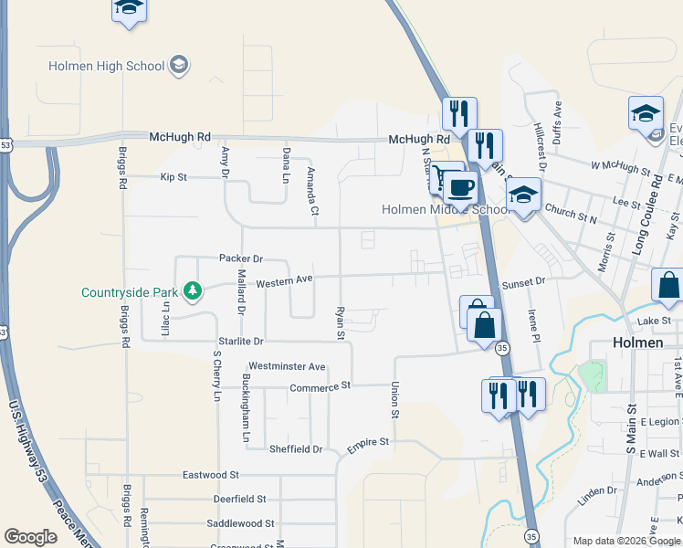 map of restaurants, bars, coffee shops, grocery stores, and more near 320 Ryan Street in Holmen