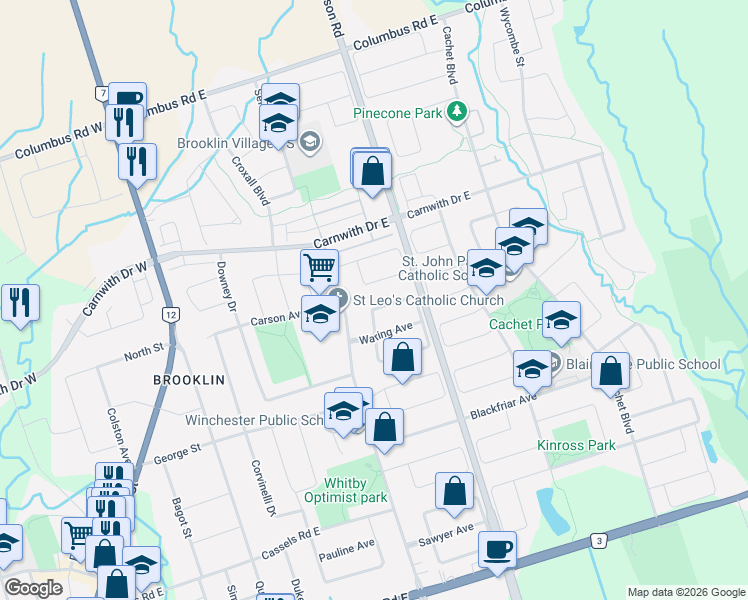 map of restaurants, bars, coffee shops, grocery stores, and more near 8 Rosemarie Crescent in Whitby
