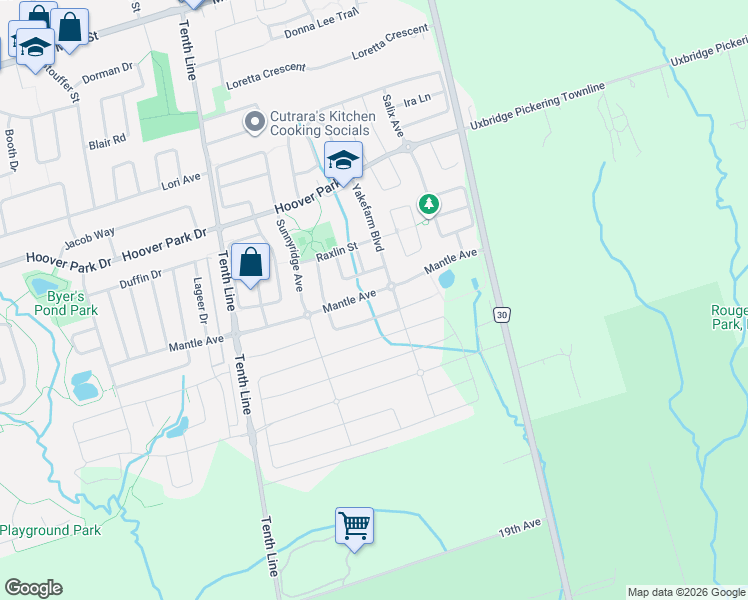 map of restaurants, bars, coffee shops, grocery stores, and more near 372 Mantle Avenue in Whitchurch-Stouffville